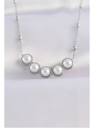 316L Çelik Zincir Gümüş Renk Sıralı İnci Taşlı Kolye