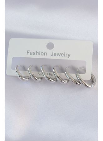 Pirinç Gümüş Renk Oval Küpe Seti