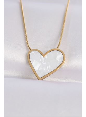 316L Çelik Zincir Altın Renk Mermer Desenli Kalp Kolye