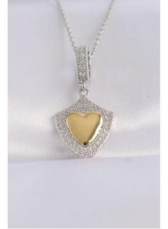 316L Çelik Zincir Gümüş Renk Zirkon Taşlı Tasarım Altın Renk Kalp Kolye