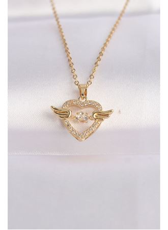 316L Çelik Zincir Altın Renk Zirkon Taşlı Kanatlı Kalp Kolye