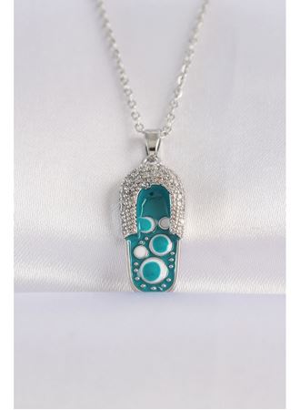 316L Çelik Zincir Zirkon Taşlı Gümüş Renk Nazarlı Terlik Tasarımlı Kolye