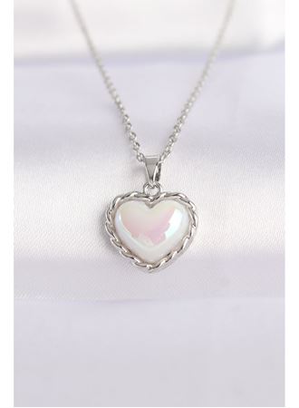 316L Çelik Zincir Gümüş Renk Beyaz Taşlı Bombeli Kalp Kolye