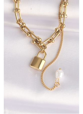 316L Çelik Zincir Altın Renk Zincirli Love Yazılı Kilit Kolye