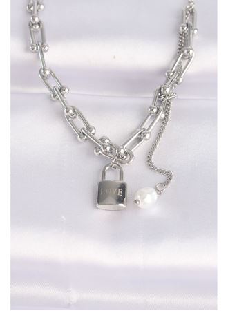 316L Çelik Zincir Gümüş Renk Zincirli Love Yazılı Kilit Kolye