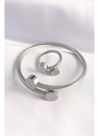 316L Çelik Gümüş Renk Oval Aksesuarlı Burgu Model Bileklik ve Yüzük Kombini