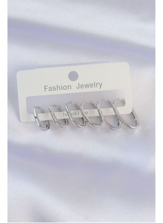 Pirinç Gümüş Renk İnce Oval Küpe Seti