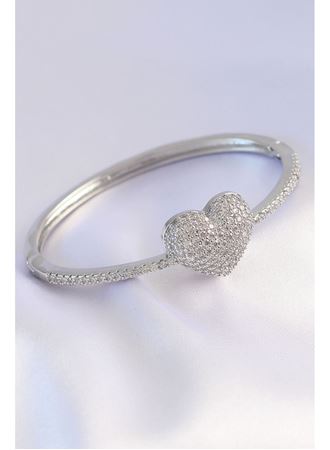 Vip Seri Pirinç Zirkon Taşlı Gümüş Renk Kalp Model Kelepçe