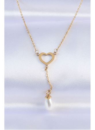 316L Çelik Zincir Gold Renk İnci Taş Detay Kalp Kolye