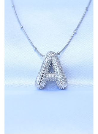 316L Çelik Zincirli Zirkon Taşlı A Harfli Gümüş Renk Bubble Kolye