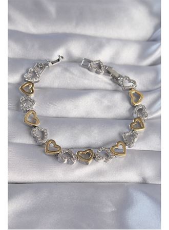 Vip Seri Pirinç Çift Renkli Zirkon Taşlı İçi Boş Kalp Tasarımlı Bileklik