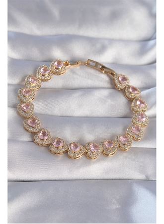 Vip Seri Pirinç Gold Renk Pembe Zirkon Taşlı Kalp Tasarımlı Bileklik