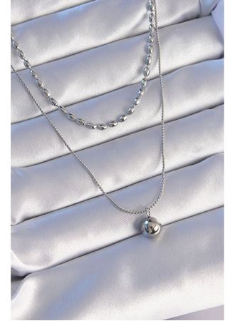 316L Çelik Çift Zincirli Gümüş Renk Topçuk Model Kolye