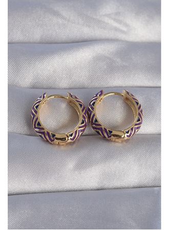Pirinç Gold Renk Mor Etnik Desenli Halka Küpe