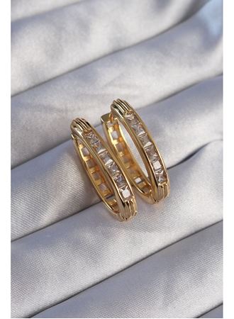 Pirinç Gold Renk Zirkon Taşlı Oval Model Küpe