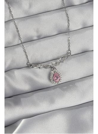 316L Çelik Gümüş Renk Pembe Zirkon Taşlı Damla Kolye