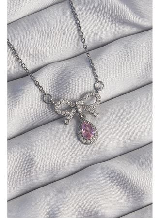 316L Çelik Gümüş Renk Fiyonk Detay Pembe Zirkon Taşlı Damla Kolye