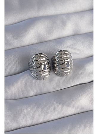 Pirinç Gümüş Renk Tırtıklı Minimal Bombeli Tasarım Küpe