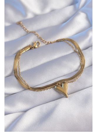 316L Çelik Gold Renk İtalyan Zincirli Kalp Model Bileklik