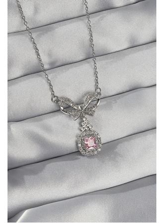 316L Çelik Gümüş Renk Fiyonk Detay Pembe Zirkon Taşlı Tektaş Kolye