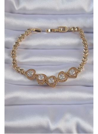 Pirinç Gold Renk İçi Zirkon Taşlı Kalp Figürlü Bileklik
