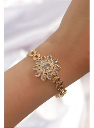 Pirinç Gold Renk İri Zirkon Taşlı Çiçek Figürlü Bileklik