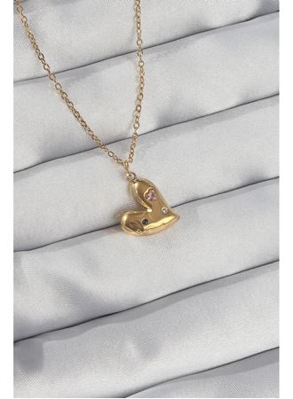 316L Çelik Zincir Gold Renk Renkli Zirkon Taşlı Kalp Kolye