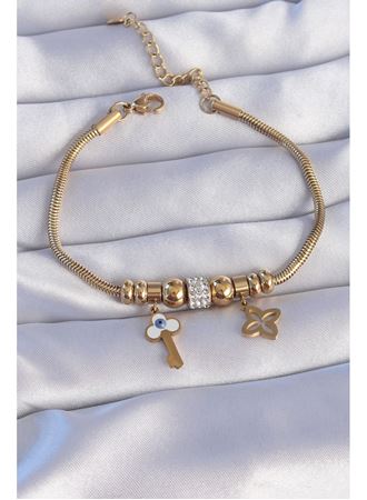 316L Çelik Gold Renk Zirkon Taşlı Yonca Detay Nazarlı Anahtar Tasarımlı Bileklik