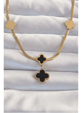 316L Çelik Gold Renk İtalyan Zincirli Mineli Yonca Kolye