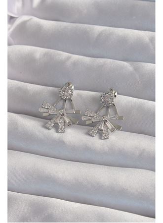 Pirinç Gümüş Renk Zirkon Taşlı Yassı Fiyonk Model Küpe