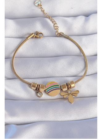 316L Çelik Gold Renk Zirkon Taşlı Gökkuşağı Tasarımlı Yusufçuk Bileklik