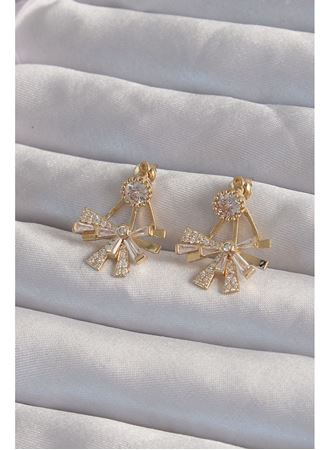 Pirinç Gold Renk Zirkon Taşlı Yassı Fiyonk Model Küpe