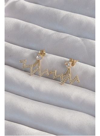 Pirinç Gold Renk Zirkon Taşlı Zikzak Küpe