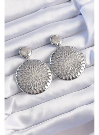 Pirinç Gümüş Renk Oval İşlemeli Küpe