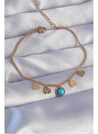 316L Çelik Gold Renk Minimal Kalpli Mavi Taş Detaylı Bileklik