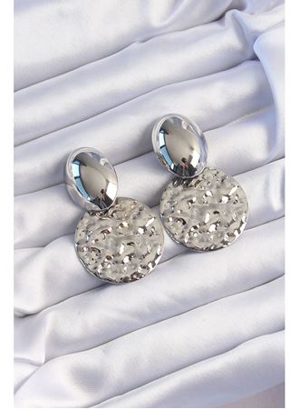 Pirinç Gümüş Renk Oval Ezme Plaka Küpe