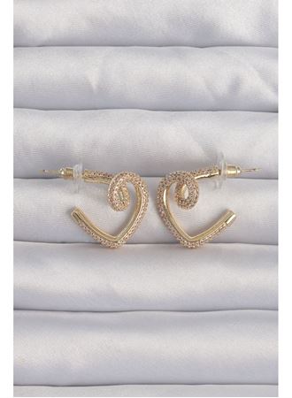 Pirinç Gold Renk Zirkon Taşlı Kıvrımlı Yarım Kalp Küpe