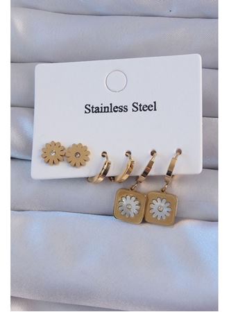 316L Çelik Gold Renk Zirkon Taşlı Sedefli Papatya Model Halka Küpe Seti