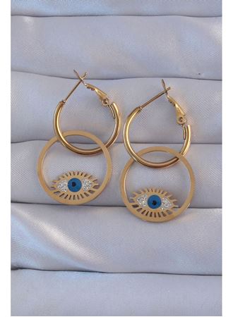 316L Çelik Gold Renk Zirkon Taşlı Mavi Göz Tasarımlı Halka Küpe