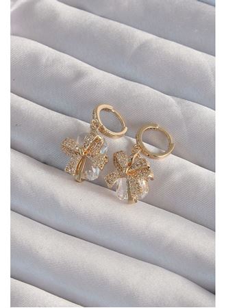 Pirinç Gold Renk İri Zirkon Taşlı Fiyonk Model Halka Küpe