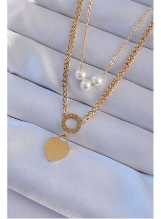 316L Çelik Gold Renk Çift Zincir İnci Detayı Love Kalp Kolye