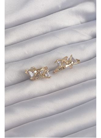 Pirinç Gold Renk İri Zirkon Taşlı Kıvrımlı Minimal Kelebekli Halka Küpe