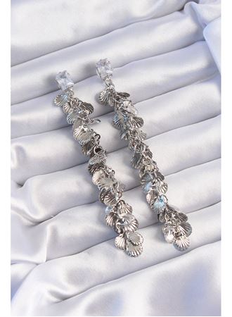 Pirinç Gümüş Renk Zirkon Taşlı Minimal Deniz Kabuklu Sallantılı Küpe