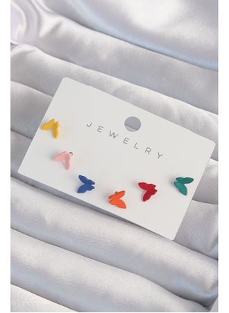 Pirinç Rengarenk Mineli Minimal Kelebek Küpe Seti