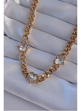 316L Çelik Gold Renk Zirkon Taşlı Kalp Model Zincir Kolye