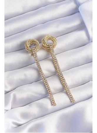 Pirinç Gold Renk Zirkon Taşlı Kıvrım Detay Sallantılı Küpe