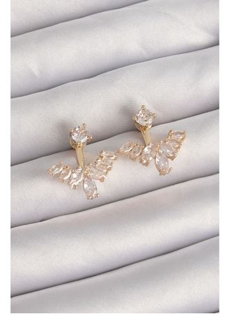 Pirinç Gold Renk Zirkon Taşlı V Model Küpe