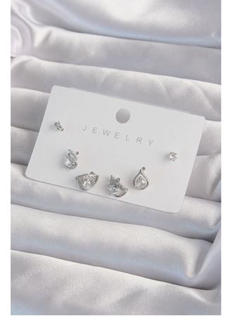 Pirinç Gümüş Renk Zirkon Taşlı Damla Model Küpe Seti