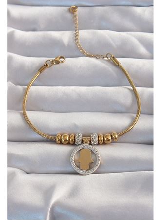 316L Çelik Gold Renk Zirkon Taş Aksesuarlı Fatma Ana Eli Bileklik