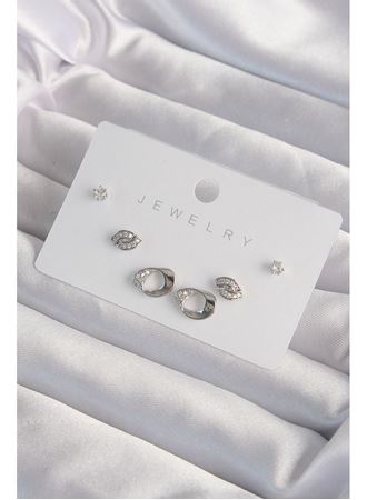 Pirinç Gümüş Renk Zirkon Taşlı Yaprak Model Küpe Seti